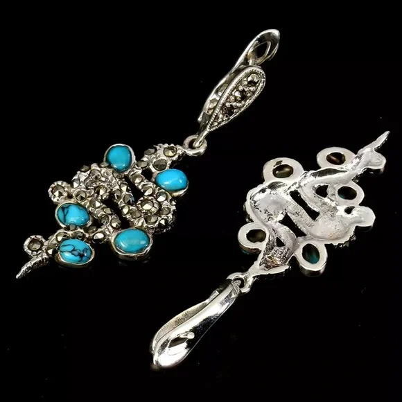 Natural Oval Cab Turquoise 4x3mm Marcasite 925 Sterling Silver Cobra Earrings